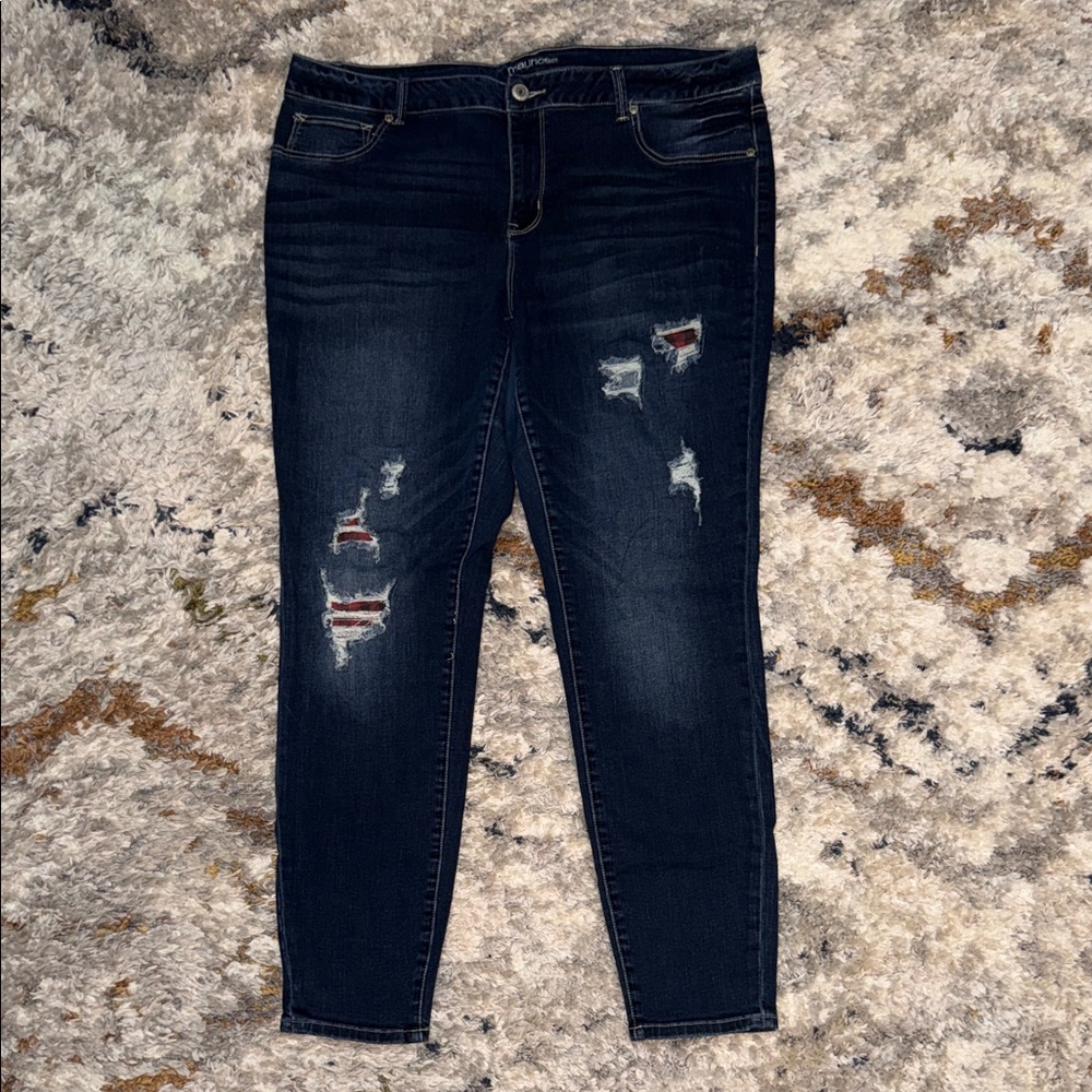 Maurices Distressed Dark Blue Women's Jeans w/Red Plaid